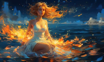 woman walking at sunset ocean bay, artistic painting illustration, Generative Ai
