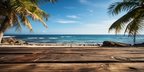 Empty wooden table with a summer sea and palms