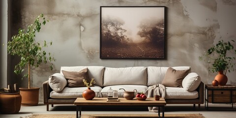 Fototapeta na wymiar A modern living room with a rustic and boho-inspired interior design, featuring a grey sofa positioned near a beige stucco wall, adorned with a sizable poster frame.