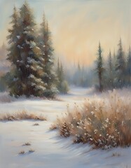 Rustic Christmas, winter, snowy frosty meadow, with frozen tall grasses and winter flowers in the back evergreen trees covered with snow, muted colors,a lot of snow on the trees - obrazy, fototapety, plakaty