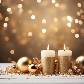Christmas and New Year holiday banner with a Gold background and a Twinkling Candles. Concept with space for text for ads, banners and greeting card