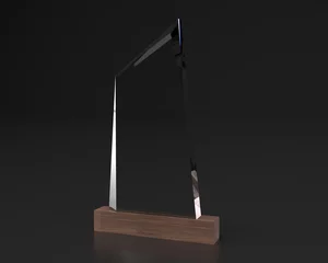 Fotobehang Blank crystal trophy mockup, 3d rendering. Empty acrylic award design mock up. Transparent crystal prize plate template. Premium first place prize plaque, isolated on black © amu