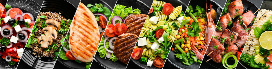 Photo collage. Set of various main dishes. Different healthy main courses, meat and fish dishes,...