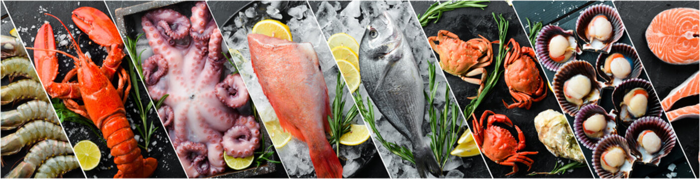 Photo collage. Fresh seafood: fish, lobster, squid and shrimp on a dark stone background. Advertising banner.
