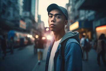 Serious Asian male on evening street. Young modern boy urban style. Generate ai - obrazy, fototapety, plakaty