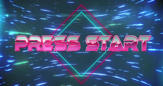 Animation of press start text banner and glowing light trails spinning against blue background