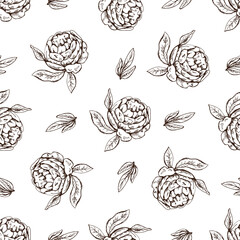 Seamless pattern of hand drawn peony, rose. Monochrome flower doodle. Black and white vintage element. Vector sketch. Detailed retro style.