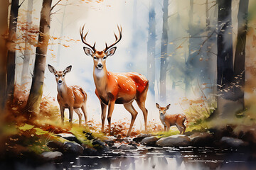 Watercolor painting of a serene forest scene with a family of deer