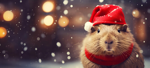 Capybara Celebrates Christmas in Style with Santa's Hat. Banner. Space for text. Generative AI