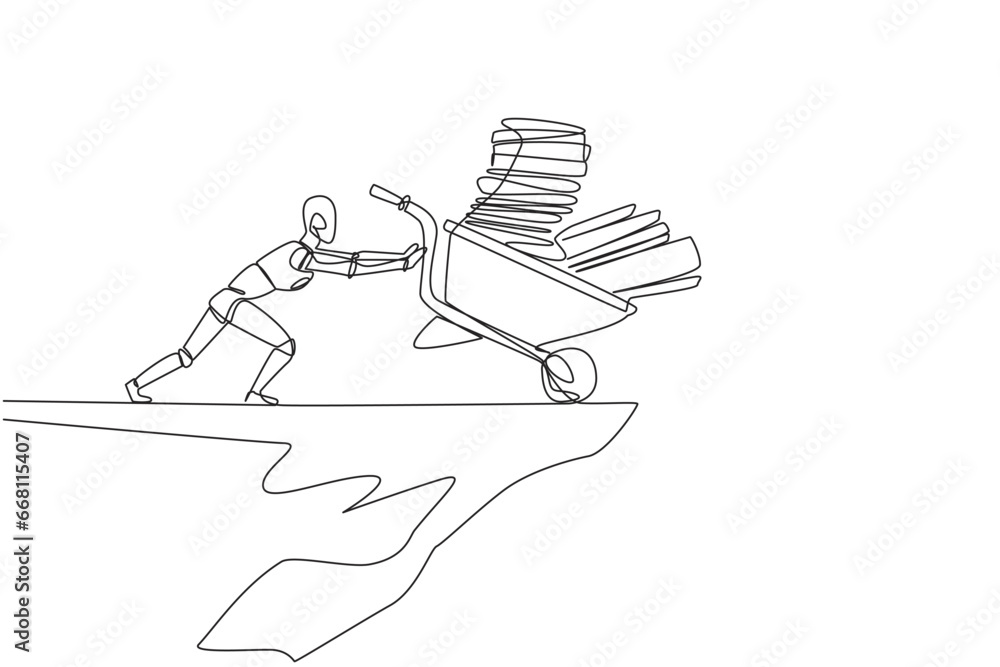 Poster single continuous line drawing robot pushes a wheelbarrow filled with piles of paper and binders dow