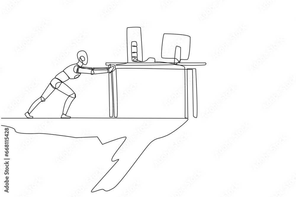 Poster continuous one line drawing robot pushes down a table containing a laptop and monitor from the edge 