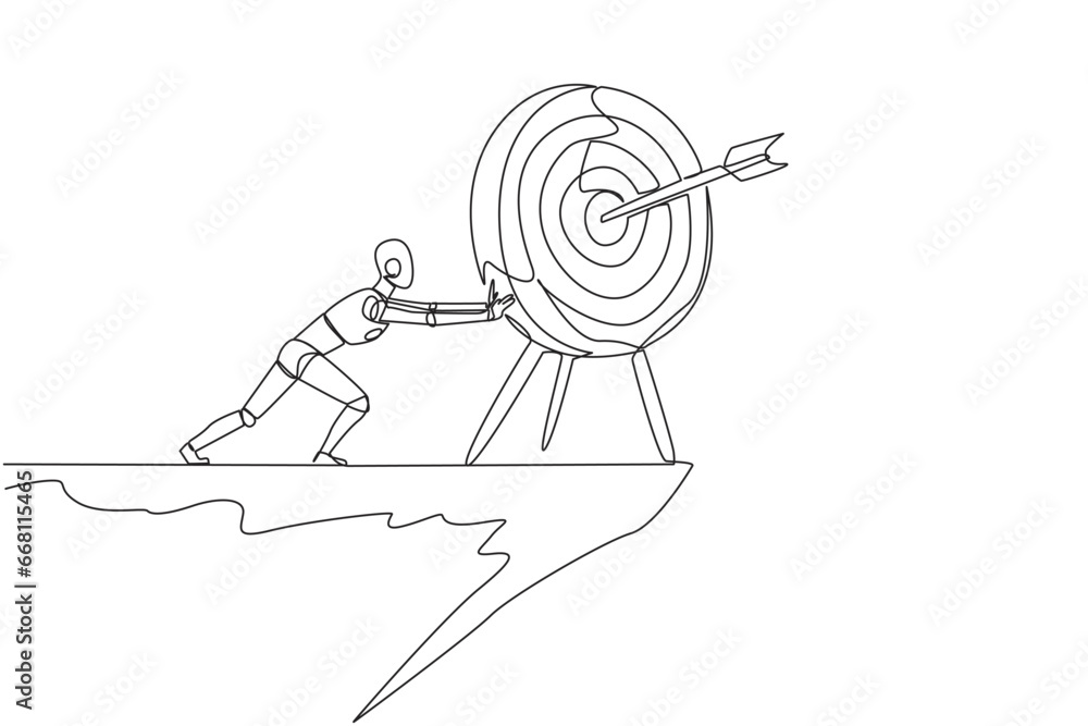 Poster single one line drawing robot pushes the large arrow board target from the edge of cliff. aimless. n