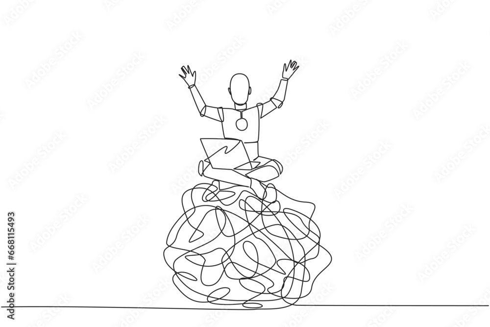 Aufkleber single one line drawing robotic artificial intelligence sitting on giant tangled circle holding lapt