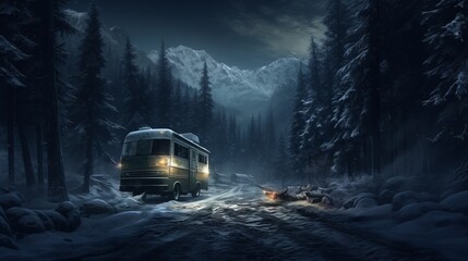 Concept of auto travel during winter holiday season. Road trip journey. Generative AI. An old retro vintage motorhome bus stands in a snowy winter forest against the backdrop of mountain peaks. - Powered by Adobe