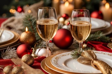 Beautifully decorated Christmas table with candles and glasses near the Christmas tree. AI generated