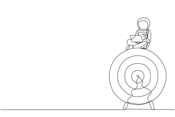 Continuous one line drawing young astronaut sitting on giant arrow board target typing laptop. Focus on solving expeditions have problems with first-degree damage. Single line draw vector illustration