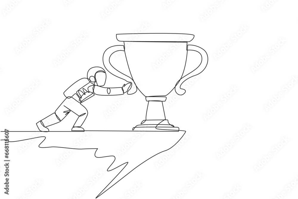 Poster continuous one line drawing astronaut pushes giant trophy over the edge of a cliff. there are no ind