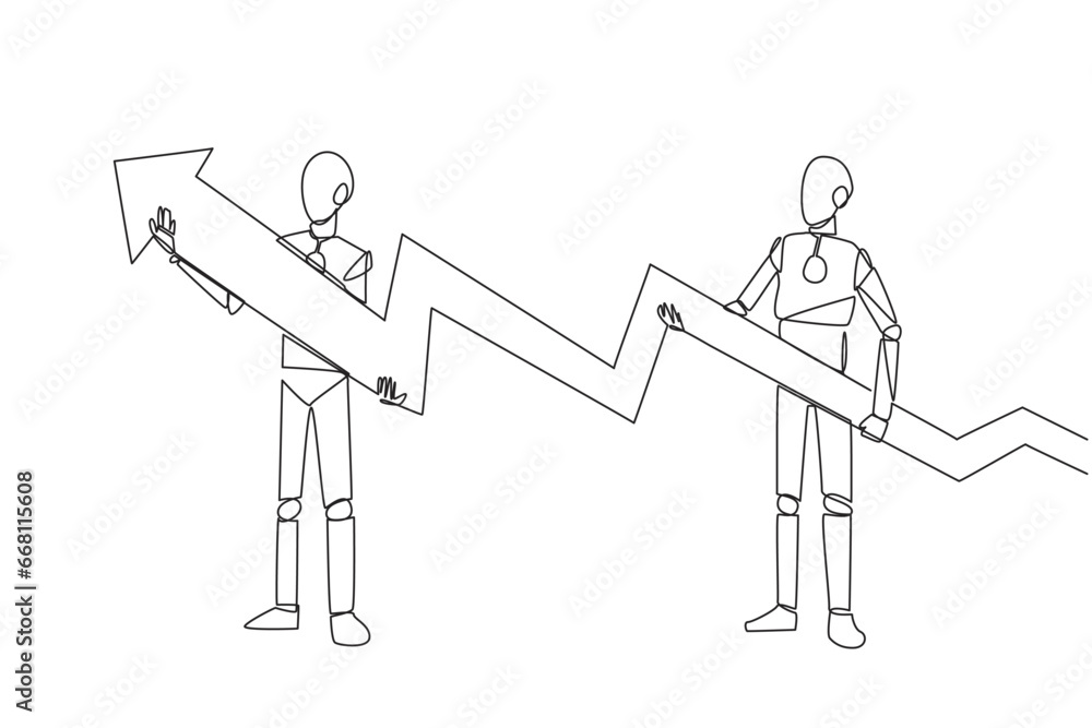 Poster single continuous line drawing two robots holding a medium-sized arrow graphic whose ends have incre