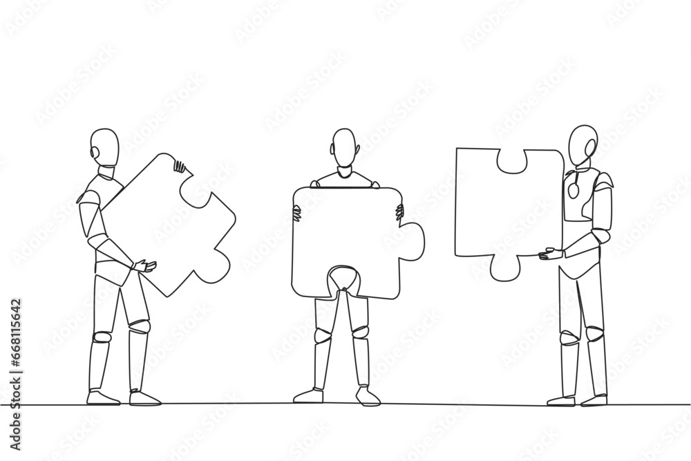 Poster single one line drawing three robots each carrying three puzzle pieces. teamwork of robots putting t