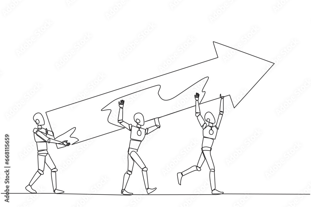 Poster continuous one line drawing three robots raised the big arrow together. with great teamwork making g