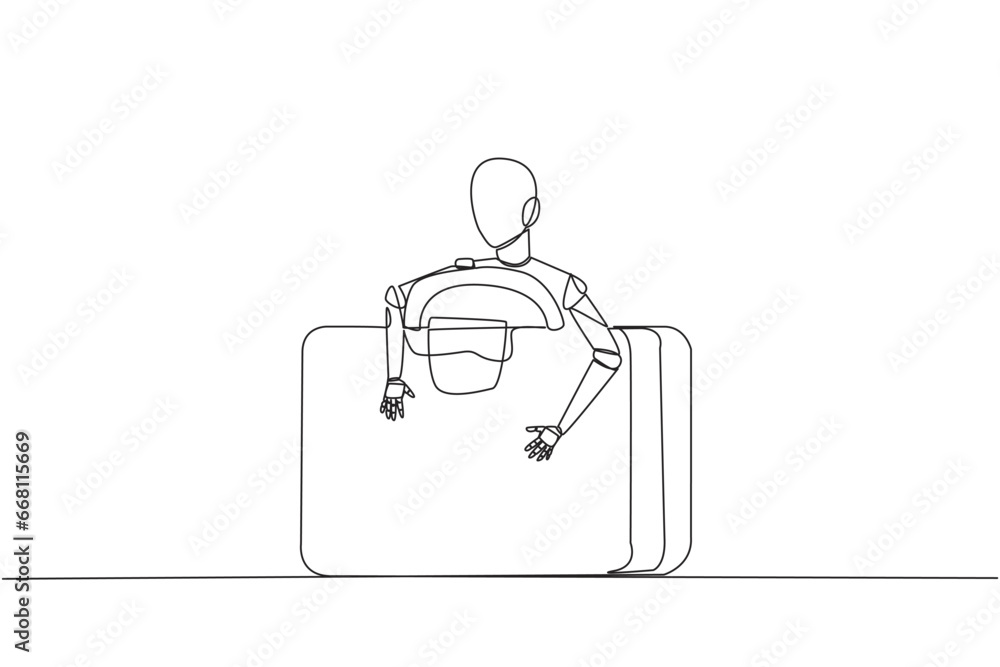 Poster single continuous line drawing robotic hugging briefcase. electronic bag. can only be opened if it i