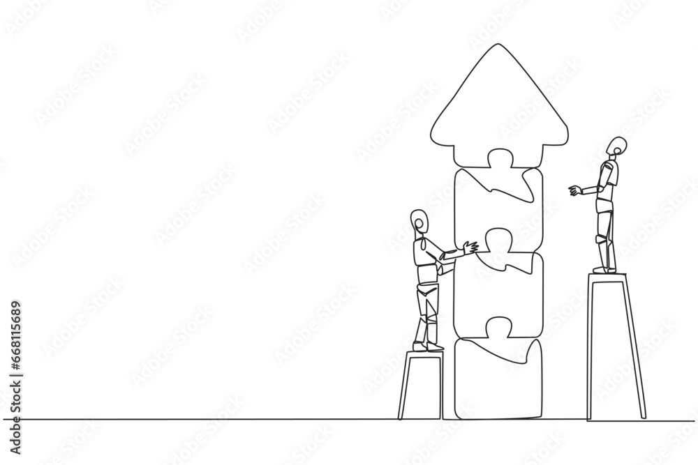 Poster single continuous line drawing two robots doing teamwork together. climbing the stairs, the two put 