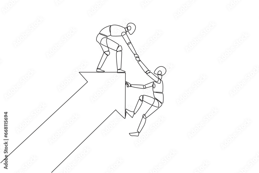 Poster single continuous line drawing a robot pulled the arm of another robot that almost fell from the big