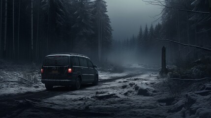 Concept of auto travel during winter holiday season. Road trip journey. Generative AI. The minivan is driving through a snowy winter forest. Mystical natural atmosphere and one lost car.