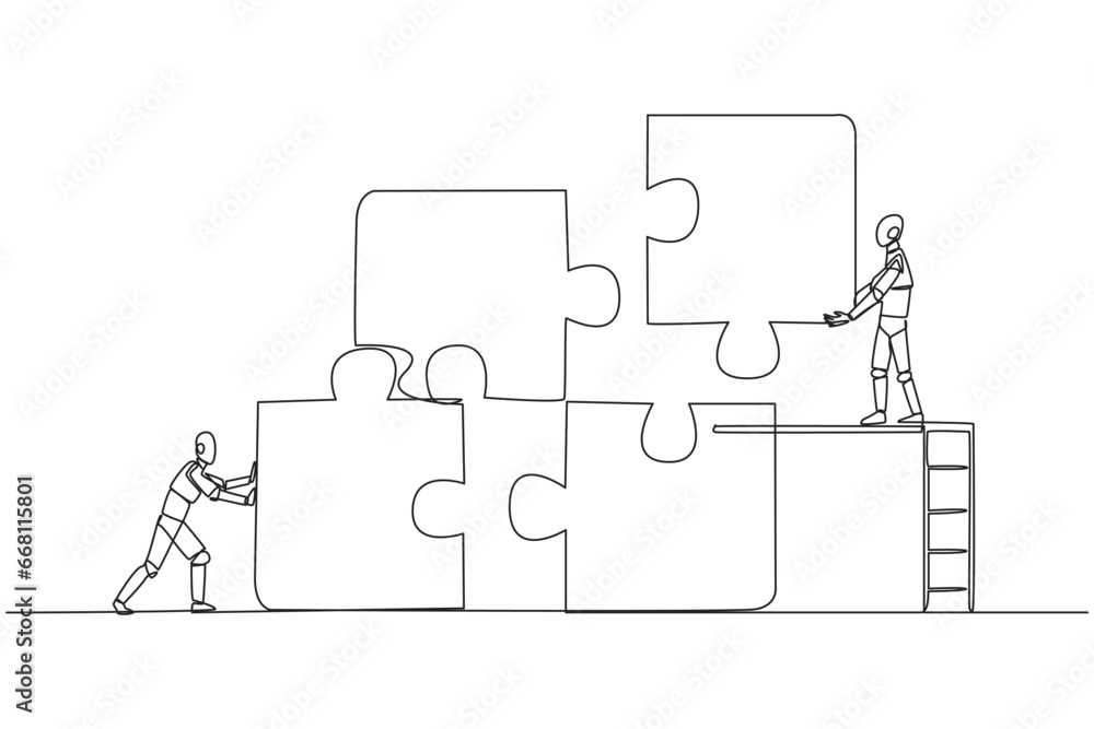 Poster single continuous line drawing two robots teamwork to put together a square puzzle, one of them clim