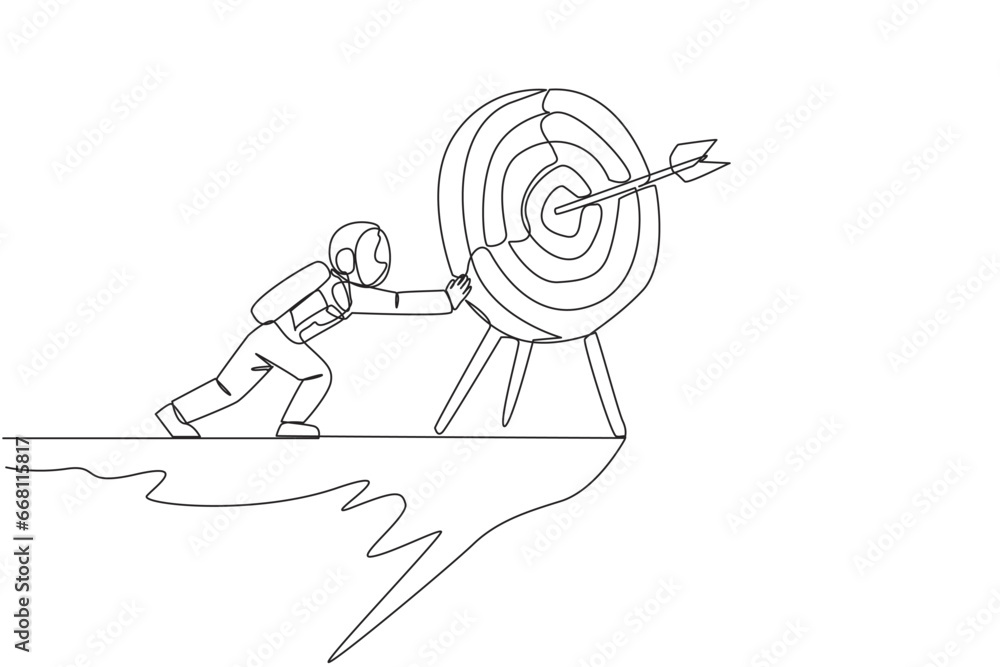 Poster continuous one line drawing astronaut pushes giant arrow board target over the edge of a cliff. dist