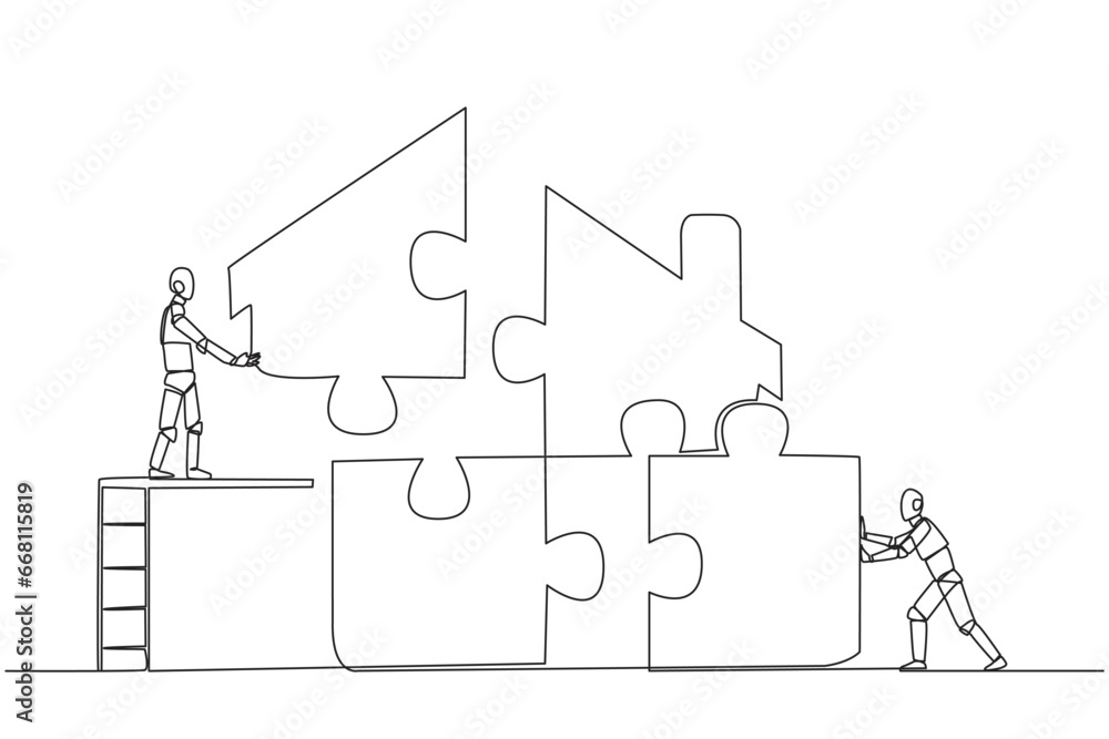 Poster single continuous line drawing two robots put together a square puzzle in the shape of a house. team