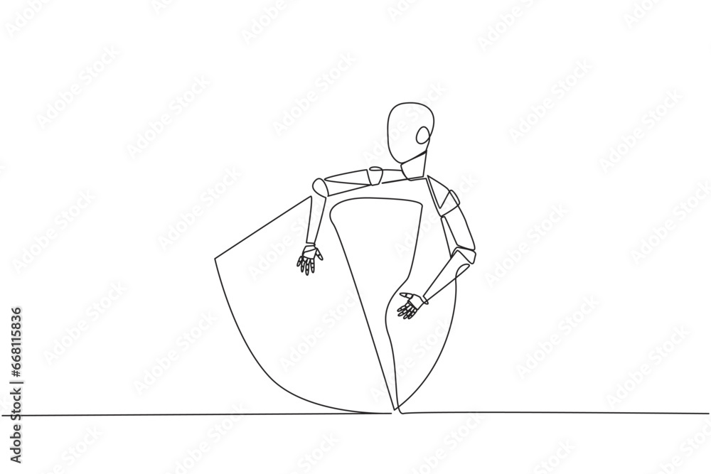 Poster single one line drawing robot hugging shield. robots protect websites, online applications and compu