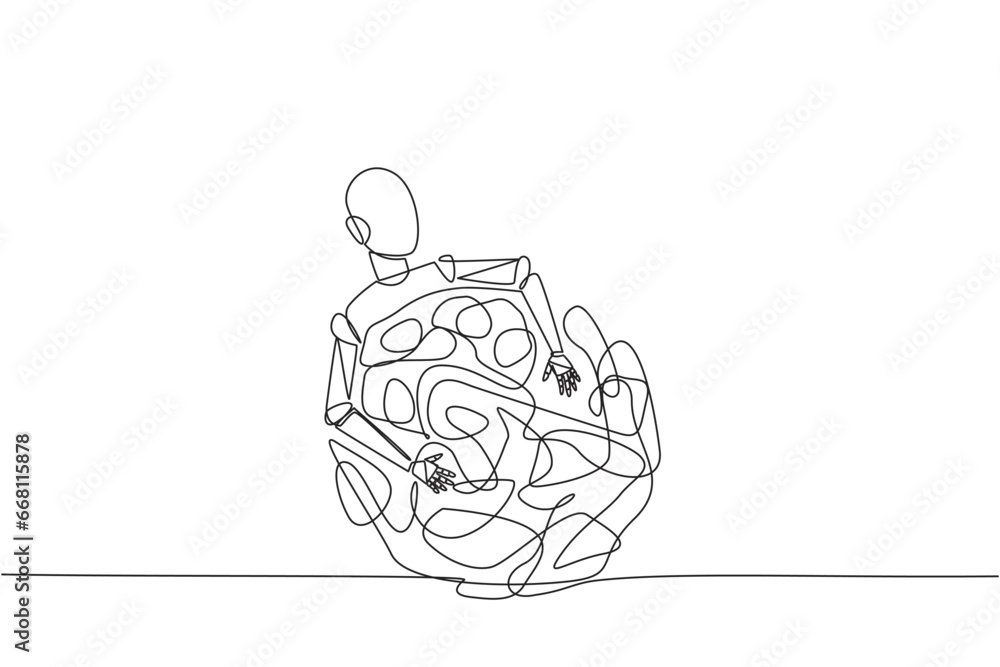 Poster single one line drawing robot hugging tangled circle. it's a long process that makes anxiety to succ