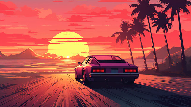Summer vibes 80s style illustration with car driving into sunset