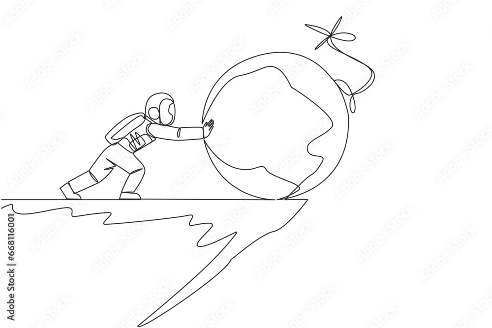 Poster single one line drawing astronaut push large bomb with a burning fuse over the edge of a cliff. elim
