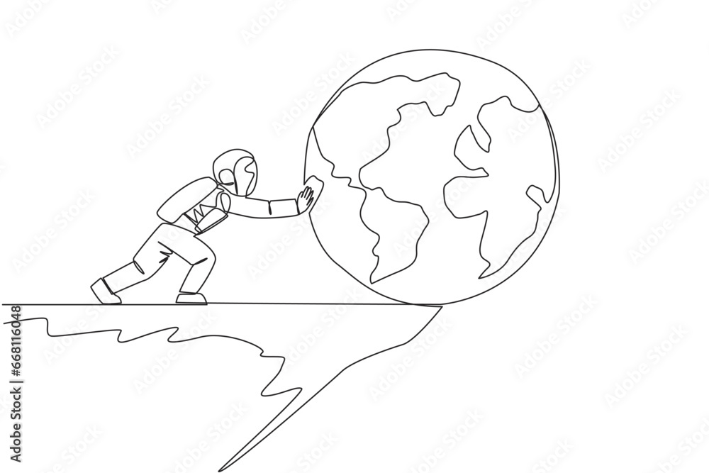 Aufkleber continuous one line drawing astronaut pushes giant globe over the edge of cliff. astronaut defeats e