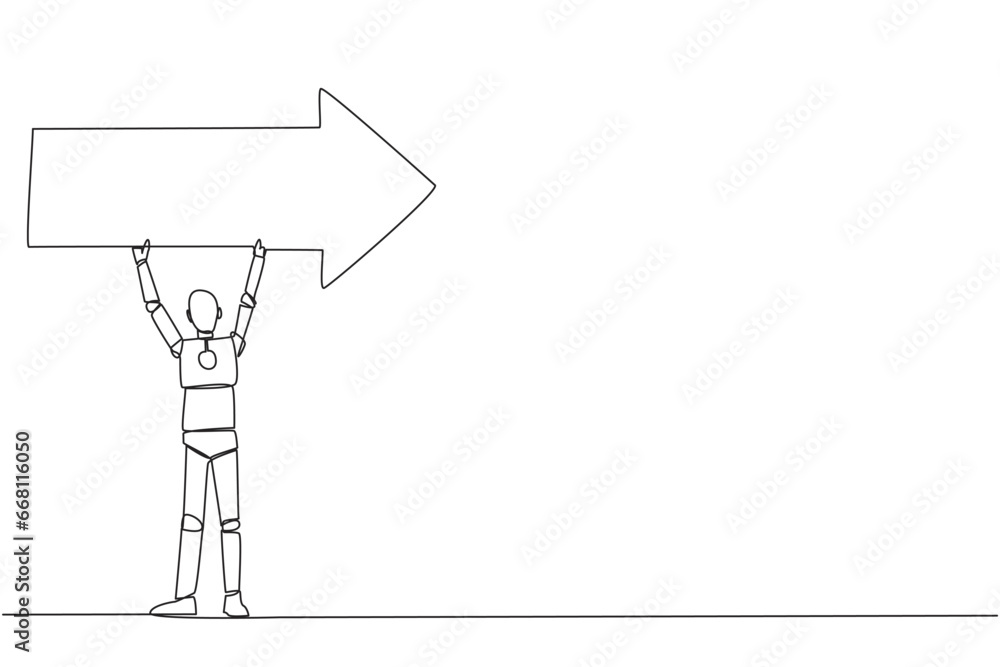 Poster single continuous line drawing robotic artificial intelligence together raised the arrow above head.