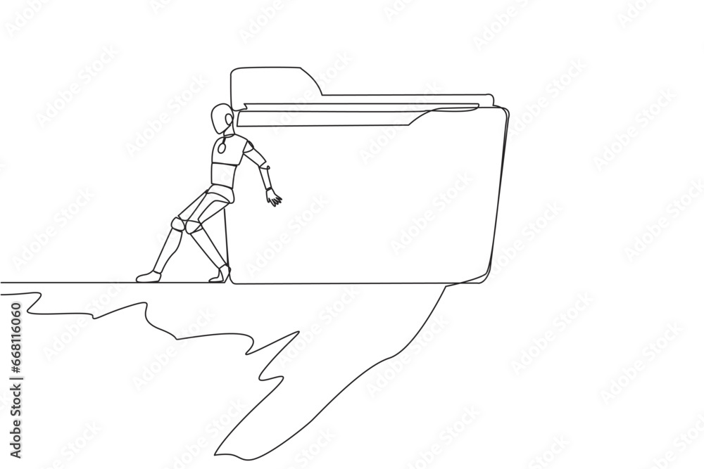 Poster continuous one line drawing robot pushes a large folder down on its back from the edge of cliff. sma