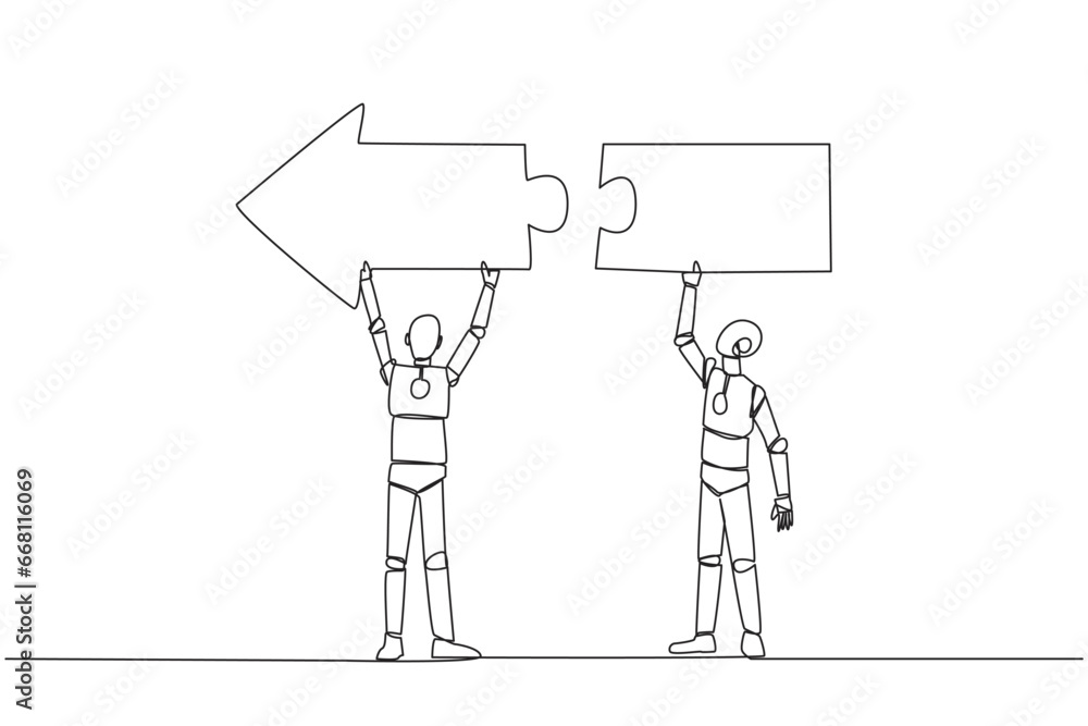 Poster single continuous line drawing two robots working together carrying a directional arrow puzzle. meta