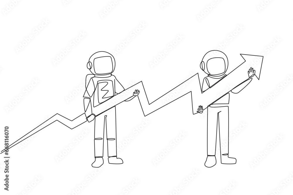 Poster single one line drawing two astronauts holding a medium-sized arrow graphic whose ends have increase