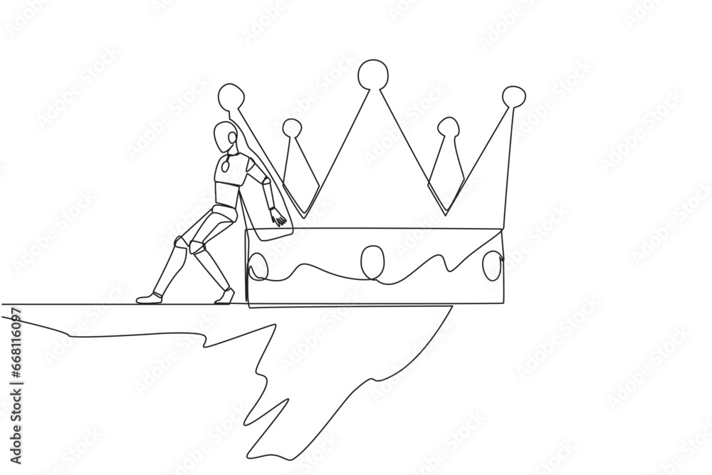 Poster continuous one line drawing robot pushes a large crown down on its back from the edge of the cliff. 