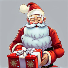 Mikołaj trzymający w dłoniach prezent - obrazy, fototapety, plakaty