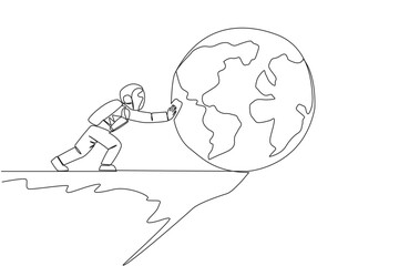 Continuous one line drawing astronaut pushes giant globe over the edge of cliff. Astronaut defeats earth's gravity. The concept of tough man in outer space. Single line draw design vector illustration