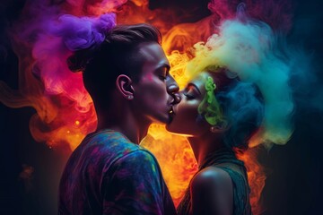 Passionate couple kiss in colorful mist. Romantic boy and girl in multicolored cloud. Generate ai