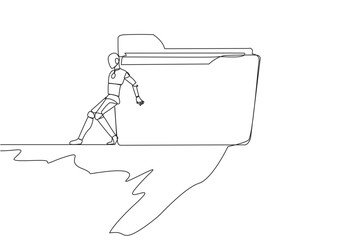 Continuous one line drawing robot pushes a large folder down on its back from the edge of cliff. Smart robot creation archive. Future technology concept. Single line draw design vector illustration