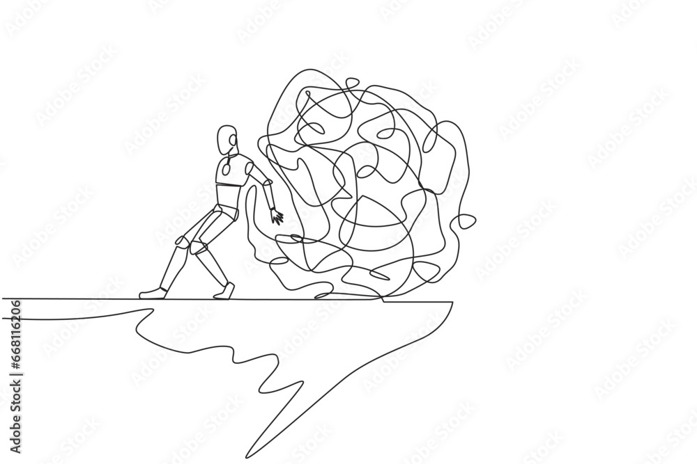 Poster single continuous line drawing robot pushes a tangled circle giant down from the edge of cliff. drop