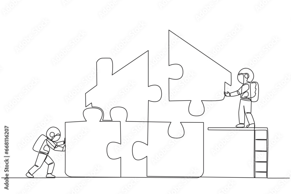 Poster continuous one line drawing two astronauts put together square puzzle in the shape of house. teamwor