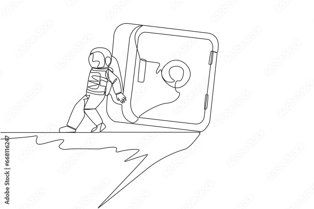 Poster continuous one line drawing astronaut pushed giant safe deposit box down with his back from the edge