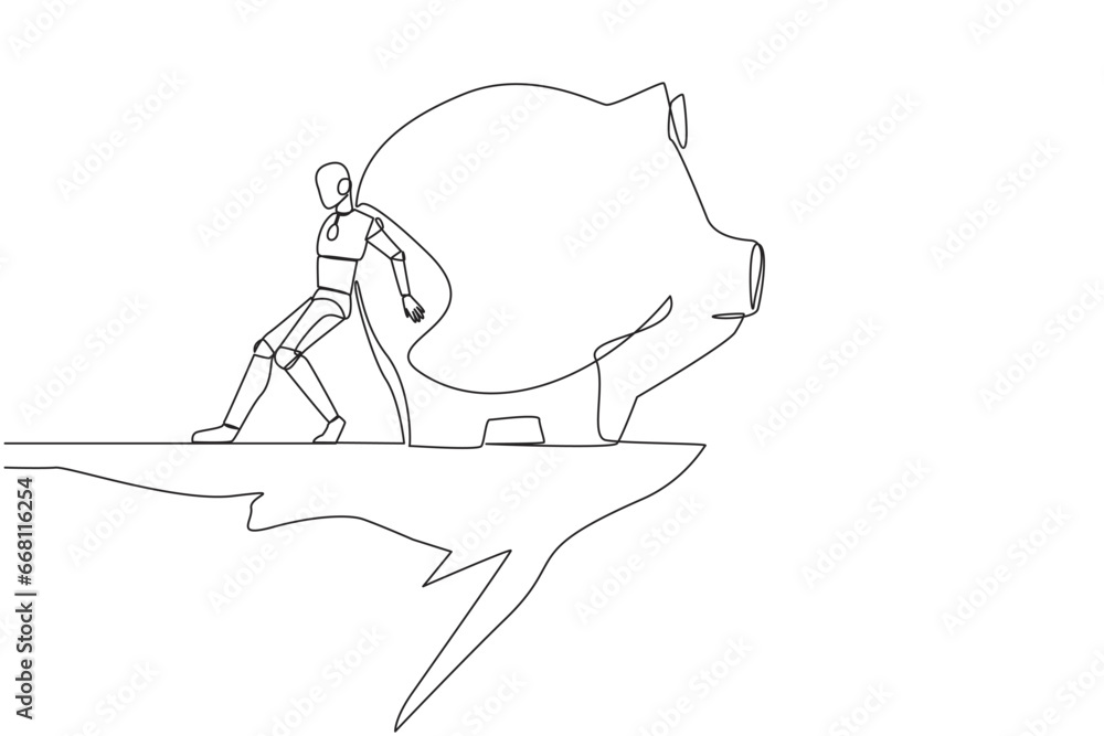 Aufkleber single one line drawing robot pushes a giant piggy bank down from the edge of cliff. wasting money. 