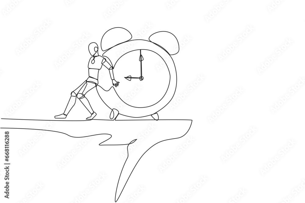 Poster single continuous line drawing robot pushes giant alarm clock down the edge of the cliff. robotic ar